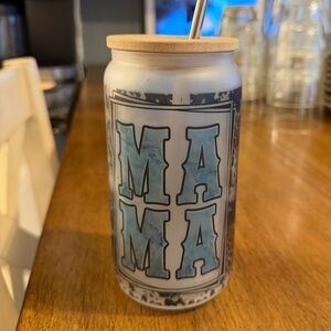 Frosted Glass Can with Bamboo Lid - Blue MAMA Design